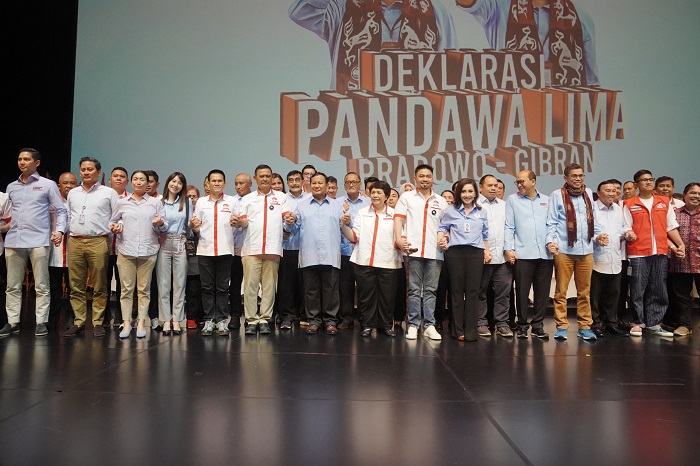 Acara deklarasi dukungan Prabowo Subianto-Gibran Rakabuming Raka oleh organisasi Pandawa Lima di Djakarta Theater, Jakarta. . (Dok. Tim Media Prabowo-Gibran)